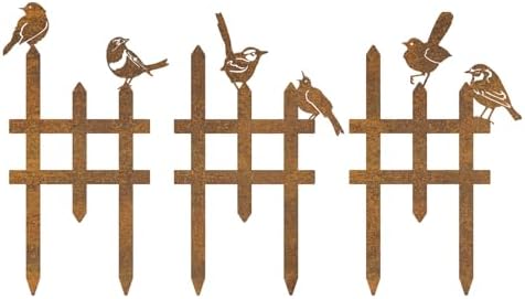 Bird Garden Fence, Set of 3, Rusty