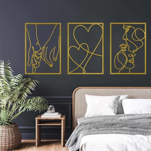 Kiss and Hands Line Art, Set of 3, Gold