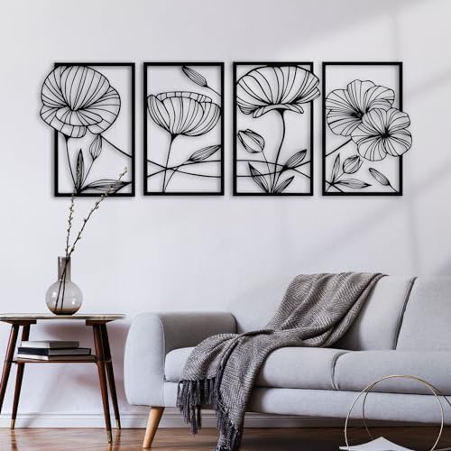 Lotus Line Art Wall Decor, Set of 4, 47 x 17 in, Black