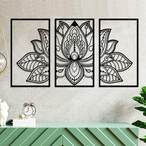 Lotus Mandala Wall Art, Set of 3, 43 x 22 in, Black
