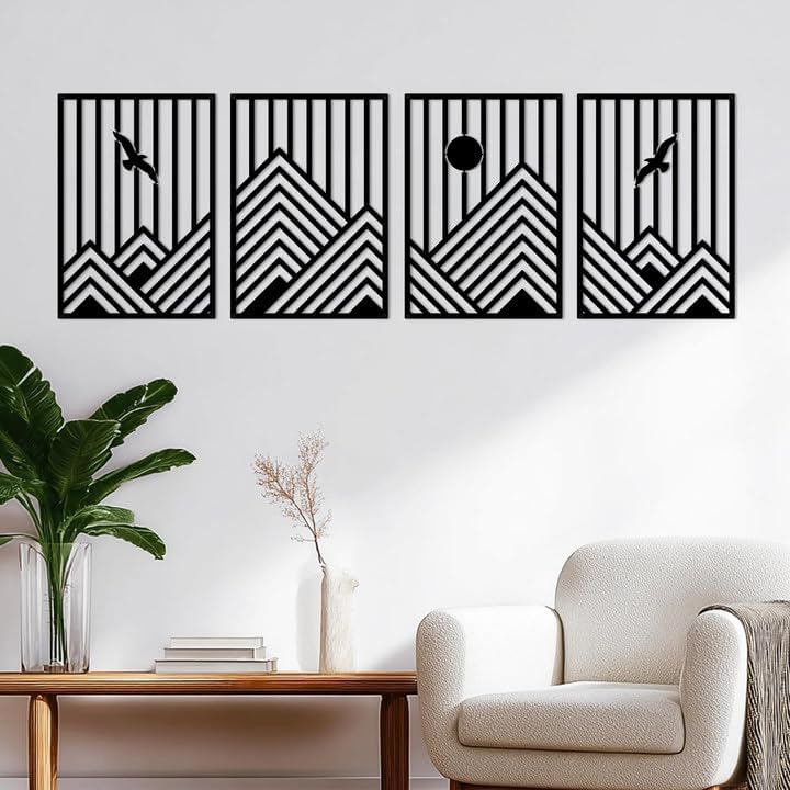 Mountain Single-Line Wall Art, Set of 4, Black